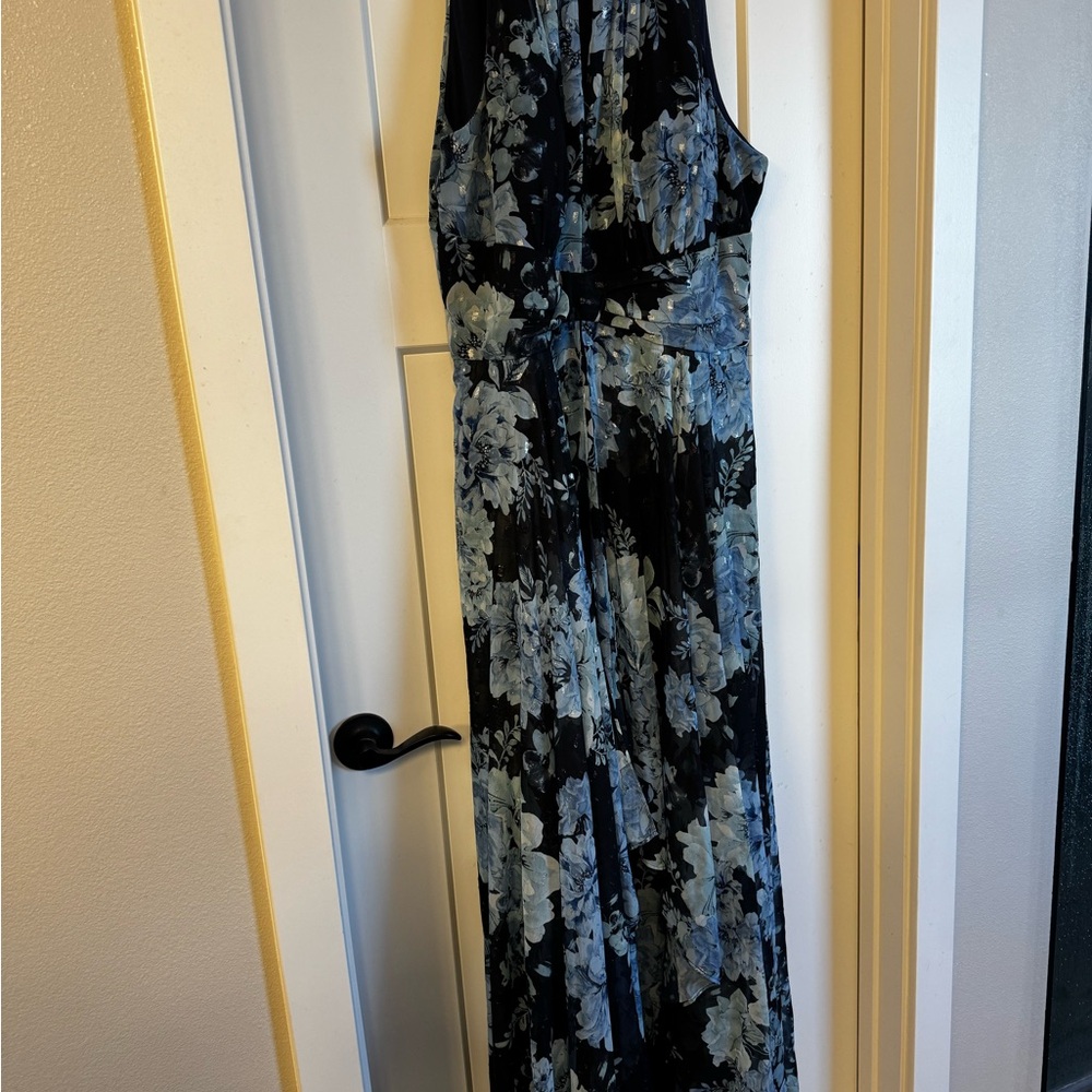R & M Richards Black and Blue Floral Asymmetrical Dress